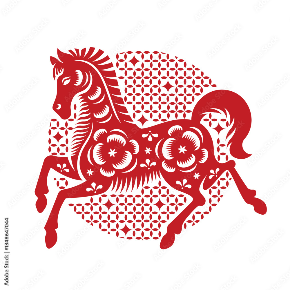 Poster red horse china zodiac paper cut in circle with wink light texture vector design