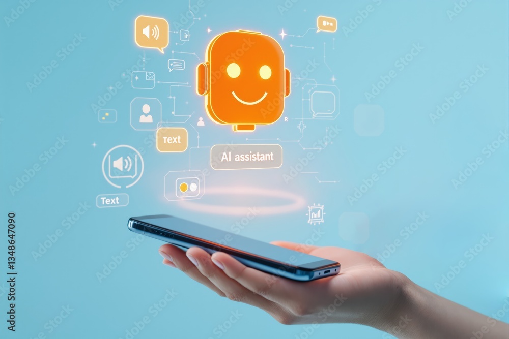 Poster AI assistant concept with smartphone and futuristic interface.