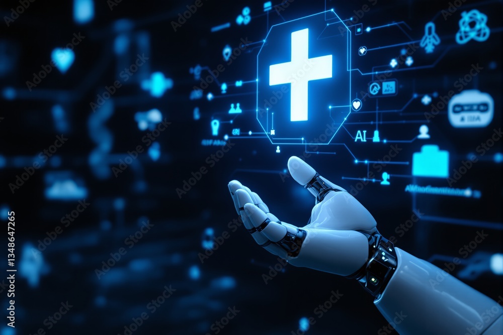 Poster futuristic robotic hand reaching towards digital healthcare interface with ai technology.
