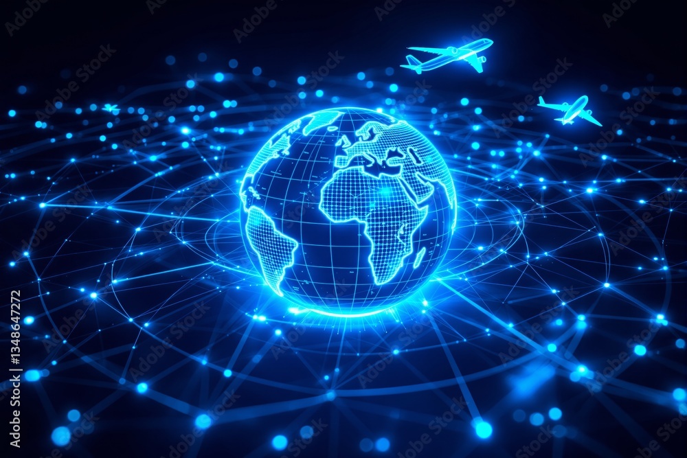 Poster futuristic digital globe with glowing network connections and airplanes.
