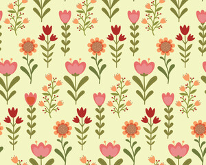 Seamless spring pattern with decorative abstract flowers. Folk style floral background