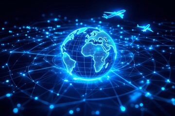 Futuristic digital globe with glowing network connections and airplanes.