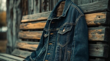 Denim Jacket on Wooden Bench