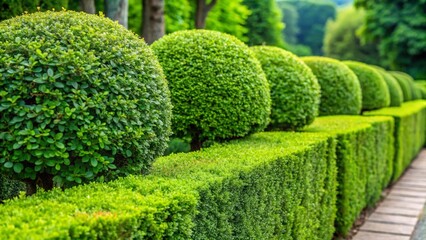 Garden Hedge and Topiary: A meticulously manicured garden scene showcases a row of precisely trimmed, spherical topiary bushes aligned above a formal hedge, creating a symphony of shapes, textures.