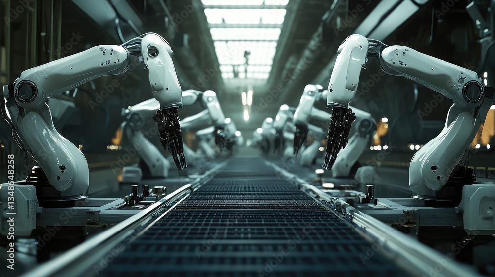 Aufkleber a futuristic assembly line with robotic arms working in perfect synchronization.