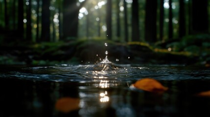Fototapeta premium Water droplet splash in forest. Sunlight sparkles on the rippling water. Fallen leaves on the surface