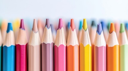 Fototapeta premium Colorful pencils in a row. Close-up view of sharpened colored pencil tips
