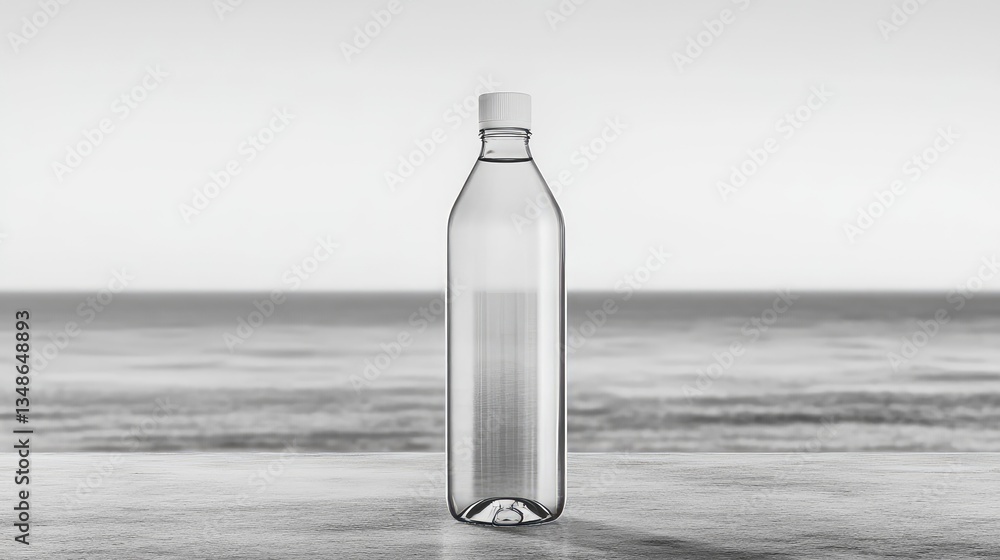 Poster a transparent plastic bottle, placed neatly on a table with a minimalist background, leaving ample s