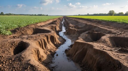 Soil erosion gullies created by climate change impact on agricultural land