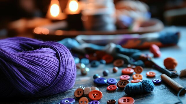 Colorful buttons and purple yarn scattered on a rustic table with warm candlelight