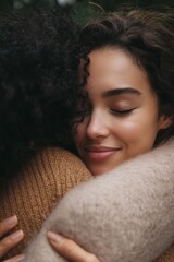 A person hugs a friend tightly, eyes closed and heart full. Gratitude flows silently between them