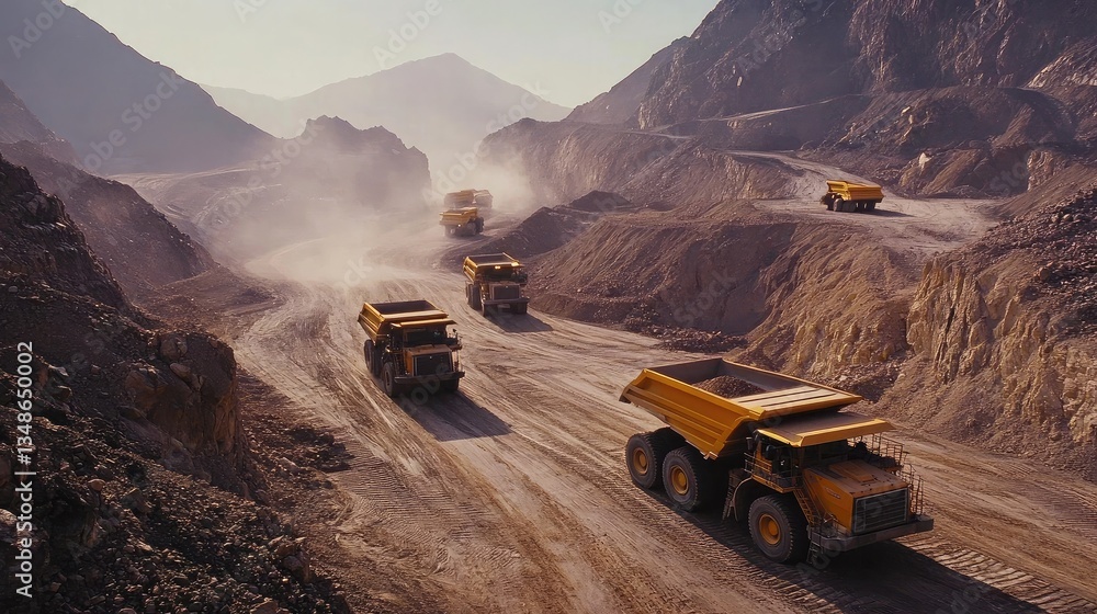 Poster a high-angle view of an open-pit mine with massive mining trucks in operation.