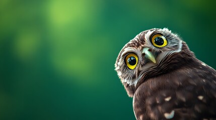 Obraz premium Brown owl with yellow eyes is staring at the camera. The owl is perched on a branch and he is curious about the photographer