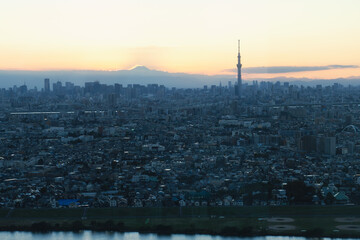 Sunset at Tokyo Sky Tree and Mt fuji with cityscape view from the Ichikawa I-link town Observation deck