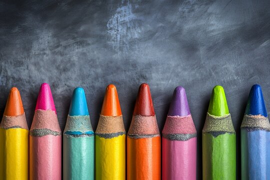 Colorful row of sharp crayons against blackboard background