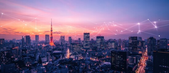 Fototapeta premium The illuminated city skyline under a vibrant colorful evening sky