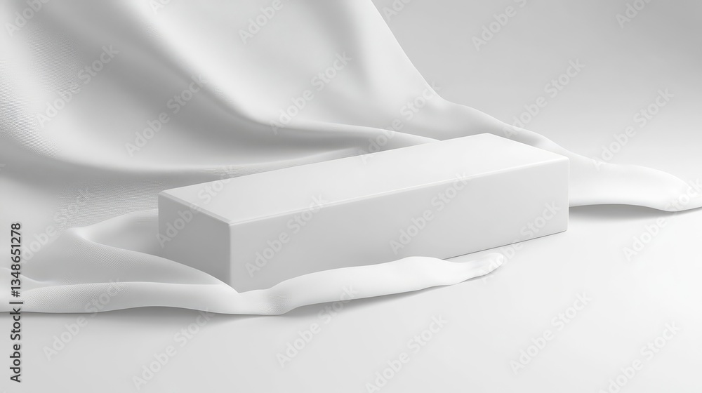 Poster a white rectangular box with a smooth surface, lying on a soft white cloth, providing space for cust