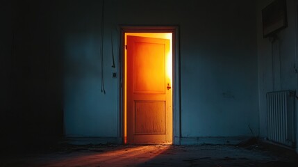A mysterious glowing doorway in an old, abandoned house with eerie shadows inside.