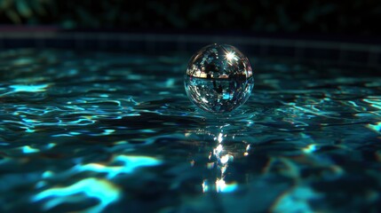 A crystal-clear bubble floats on the shimmering surface of a tranquil pool surrounded by greenery