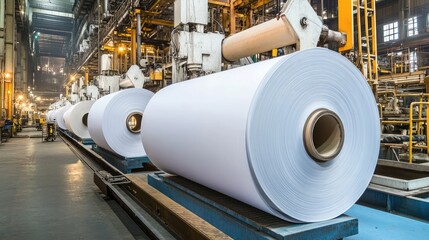 A paper mill with giant rolls of paper being processed by industrial machines.