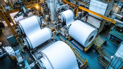 A paper mill with giant rolls of paper being processed by industrial machines.