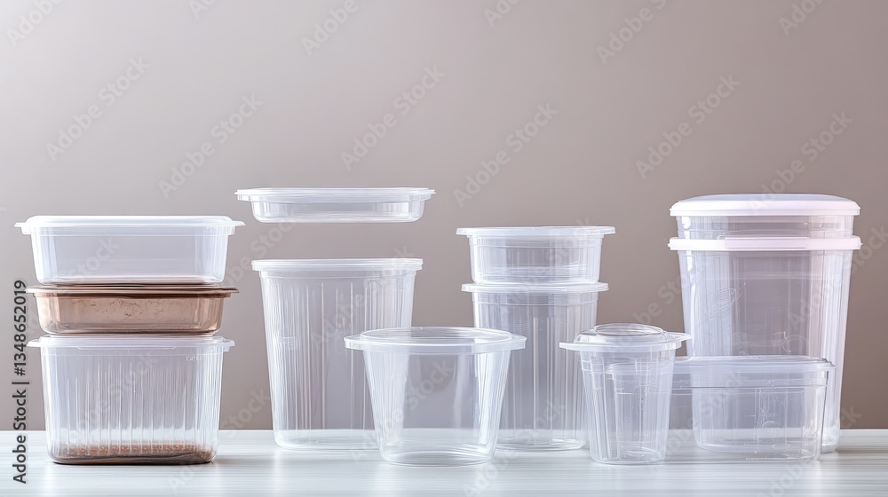 Poster transparent plastic containers with lids lined up neatly on a light surface, ideal for product showc