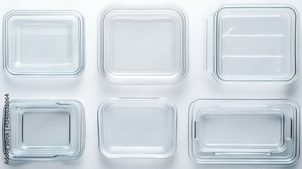Poster transparent plastic containers arranged in neat rows on a white background, with clear space to add 
