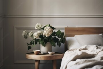 Serene Bedroom Corner with Bed and Organic Decor Featuring Coffee Cup and Fresh Flowers