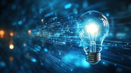 An arrow and lightbulb on a blue background stand for creativity and new business concepts.