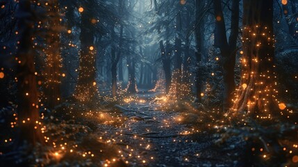 Magical winter forest path lit by fairy lights