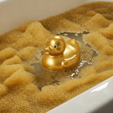 Eine Goldene Badeente in einer Badewanne mit goldenem Schaum.