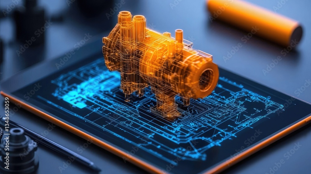 Poster a d rendering of an industrial machine blueprint displayed on a tablet.