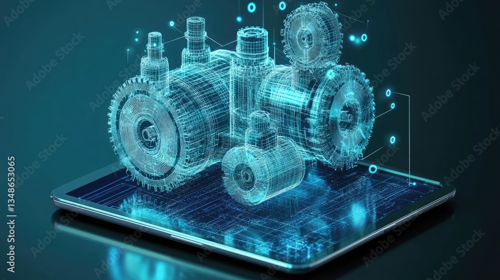 Poster a d rendering of an industrial machine blueprint displayed on a tablet.