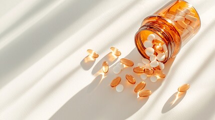 take drug or vitamin concept. Colorful Pills and Capsules Spilled from Bottle