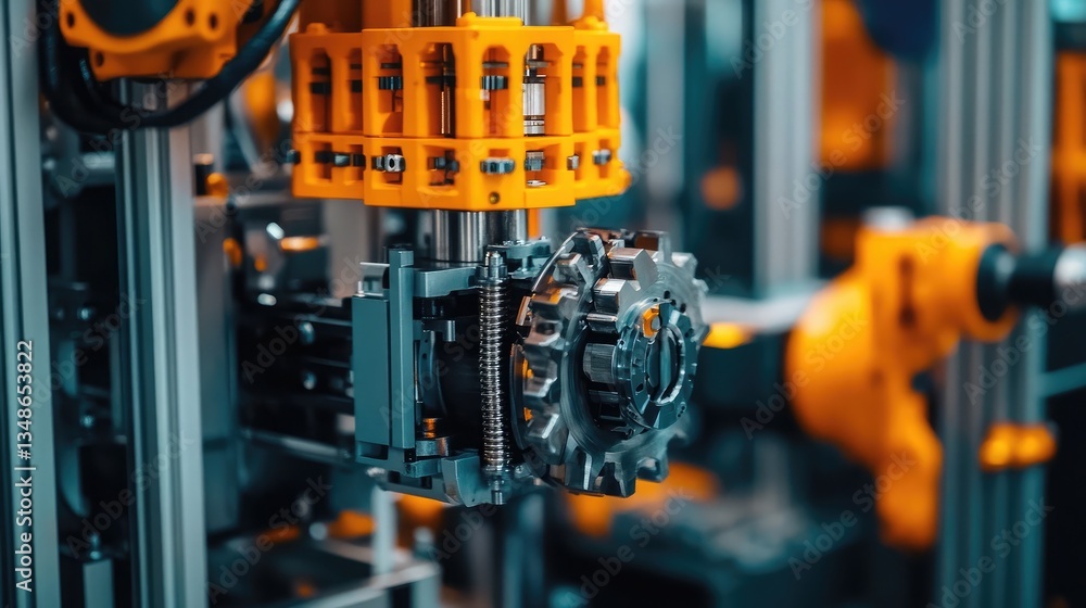 Poster a close-up of a robotic assembly system aligning mechanical parts.