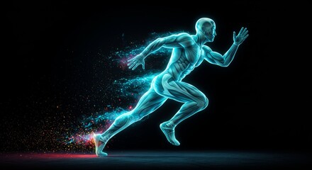 Dynamic Energetic Sprint: Photorealistic Glowing Figure with Motion Blur on Black