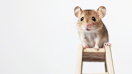 Cute mouse atop tiny ladder, white background, studio shot, pet, animal