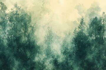 Obraz premium Trees Silhouetted By A Misty Yellow And Green Atmosphere