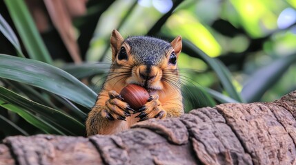Obraz premium Squirrel holding a nut on a tree branch surrounded by vibrant green foliage in a natural setting