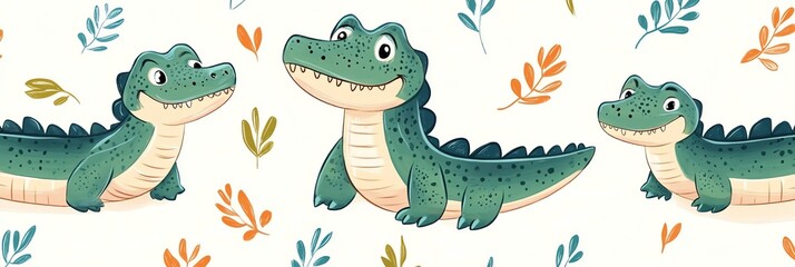 Cute Cartoon Alligator Illustration with Leaf Pattern Background Design