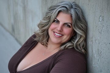 Fototapeta premium Plus size confident woman with wavy gray hair wearing a brown top leaning against a textured concrete wall smiling warmly exuding self love and relaxed charm
