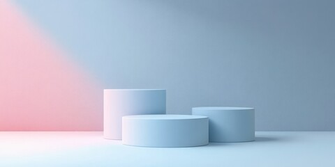 Minimalist 3D Illustration of Cylindrical Podiums in Soft Pastel Blue and White for Product Display