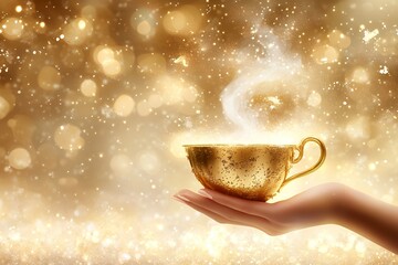 Golden cup of steaming magic held by caucasian female hand in sparkling light