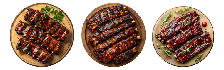 bbq ribs on wood plate, transparent background,top veuw