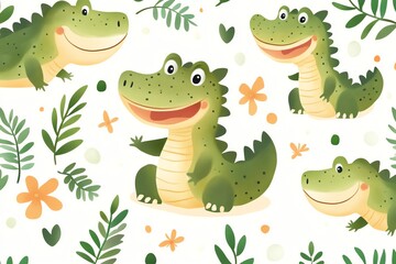 Fototapeta premium Cute Cartoon Alligator Seamless Pattern Featuring Smiling Reptiles and Floral Elements