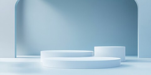 Minimalist 3D Illustration of Pastel Blue Pedestal Podiums in Modern Empty Room