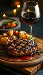 Delicious grilled steak served with roasted potatoes and red wine