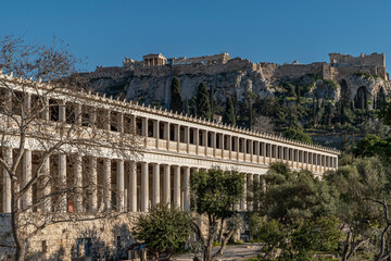The ancient agora of Athens, Greece, dominated from above by the acropolis in the background