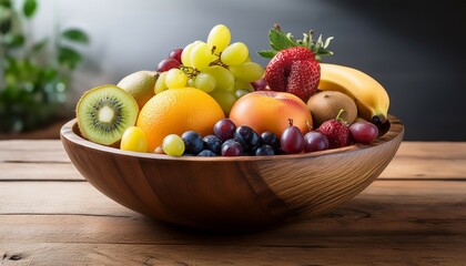 colorful assortment of fresh fruits displayed in a bowl on a rustic wooden table