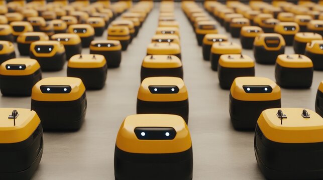 A futuristic logistics center with robotic loaders organizing inventory.